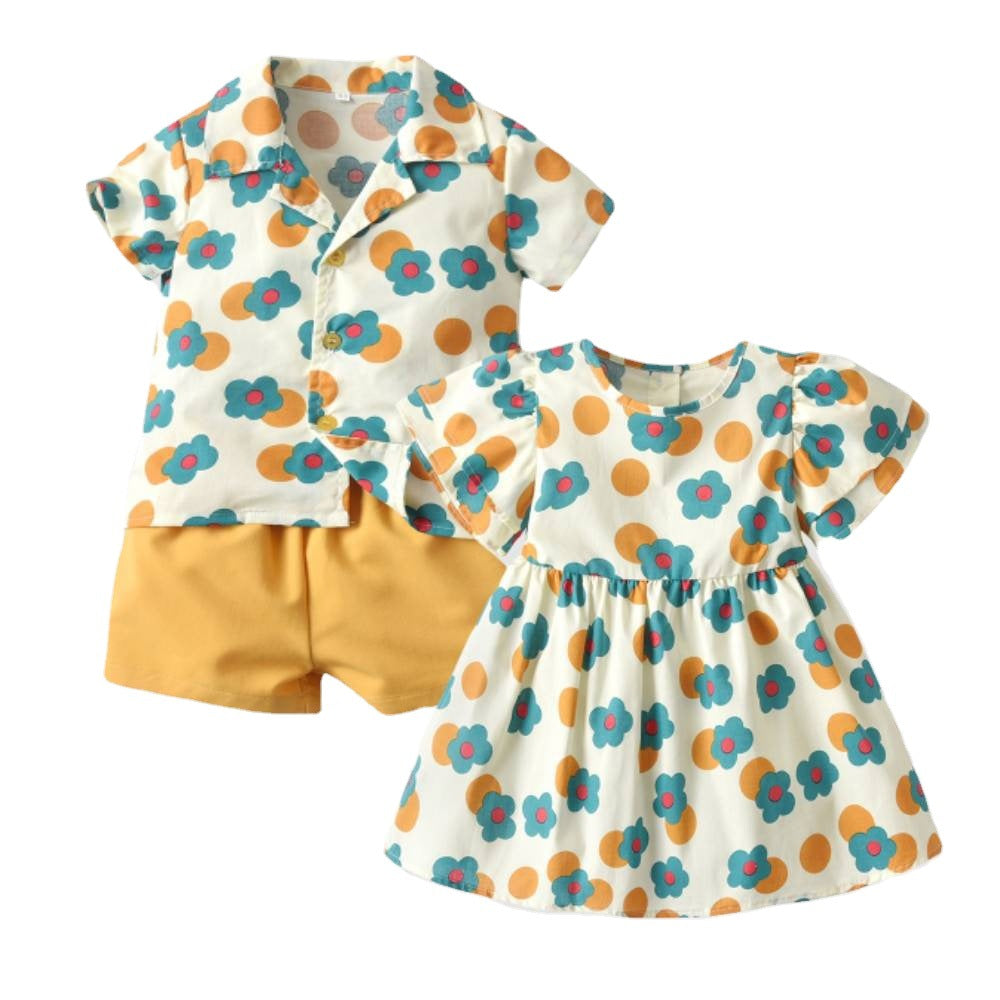 Wholesale Children's Cotton Shirt Printed Short Sleeved Shorts Set